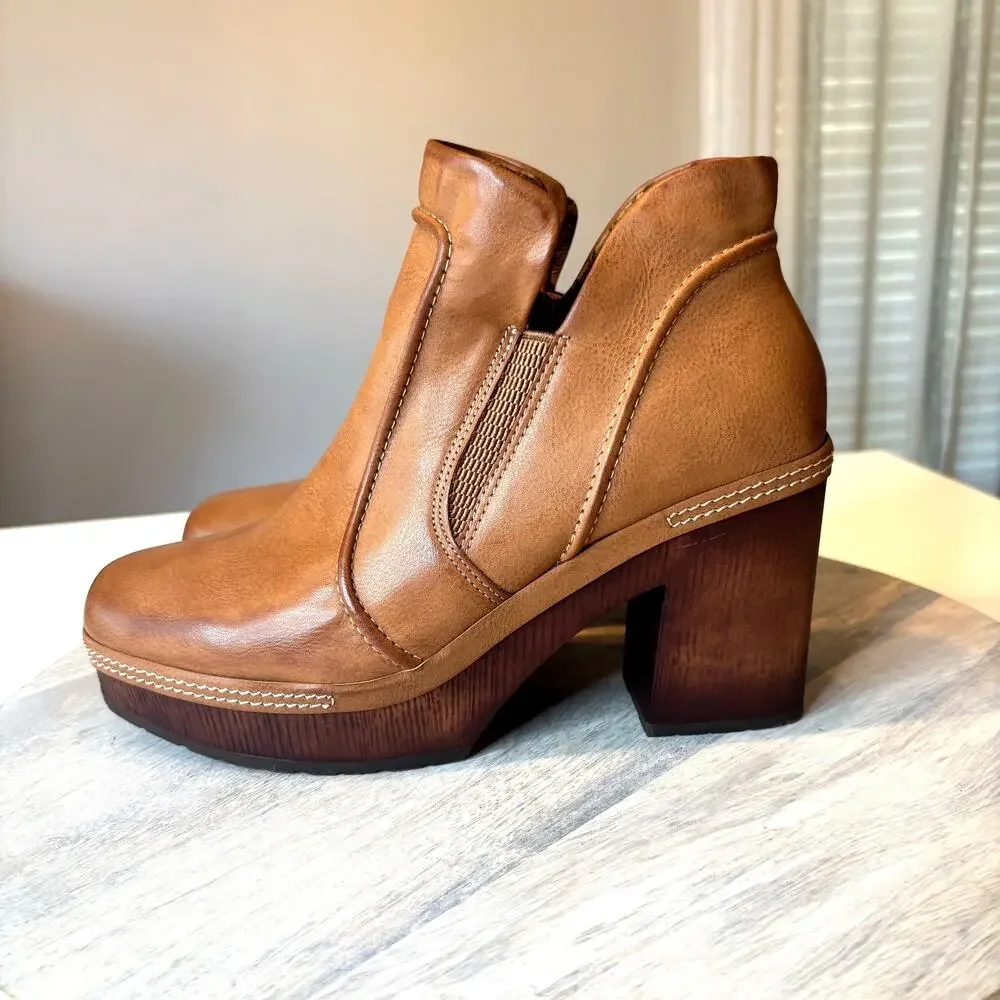 Korks Women's Platform Ankle Boots Brown Leather Chunky Heel Slip On Booties 7.5 - Picture 2 of 12